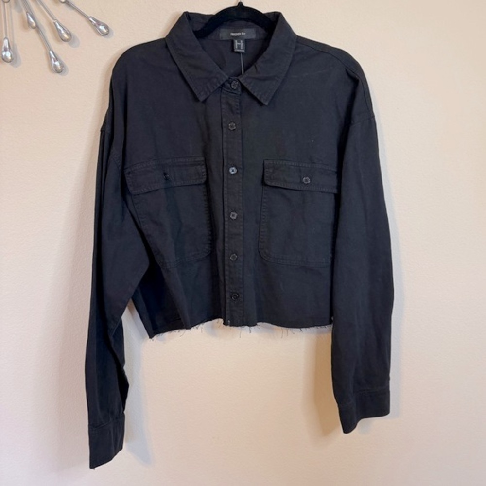 Cropped Black Cotton Raw-Cut Long Sleeve Shirt Jacket Top size 2X NWT - Picture 7 of 7